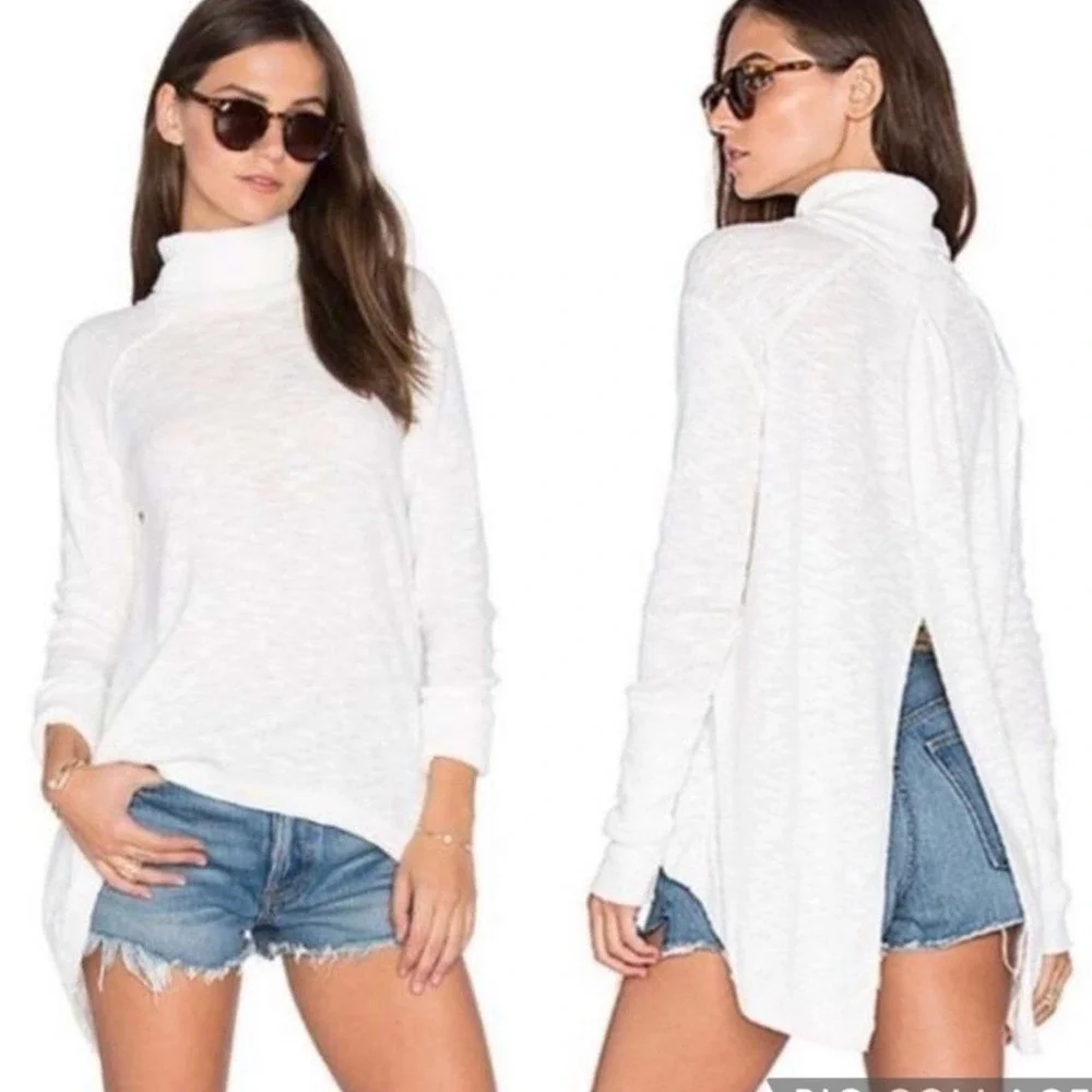 Free People White Cowl Turtleneck Split-Back Sweater